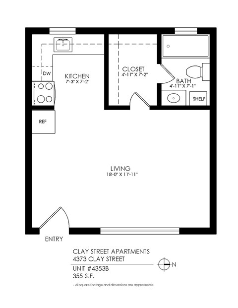 Floor plan for studio, 1 bath, 370 sqft